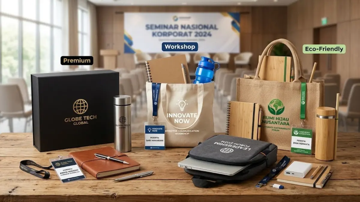 Berbagai kategori souvenir kantor custom tersusun rapi di meja display